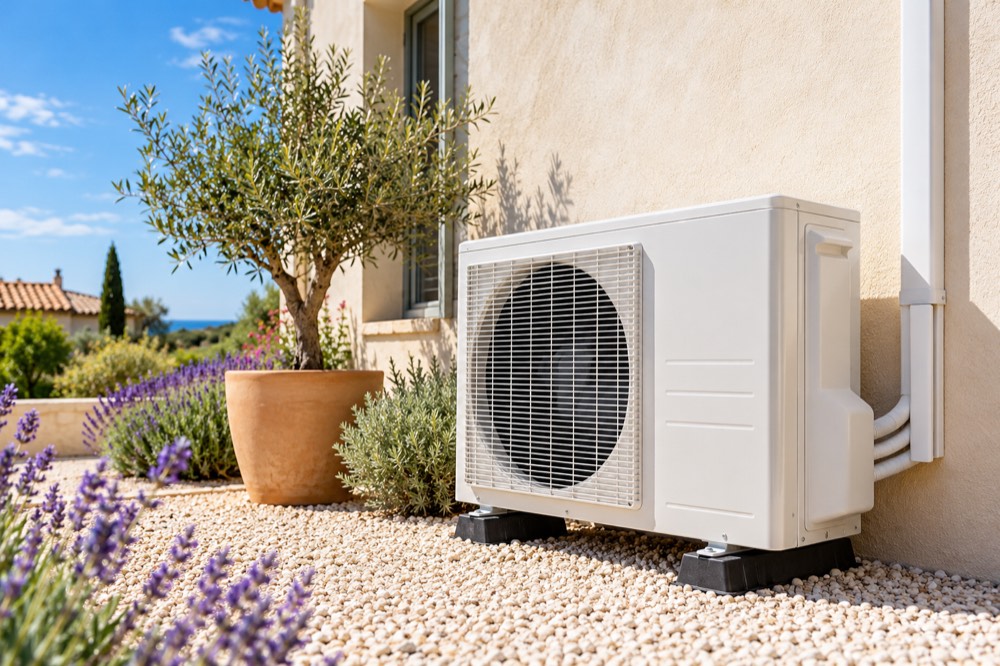 Groupe extérieur de climatisation réversible devant une villa méditerranéenne
